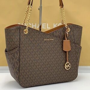 MICHAEL KORS LARGE X CHAIN LOGO SHOULDER BAG BROWN
